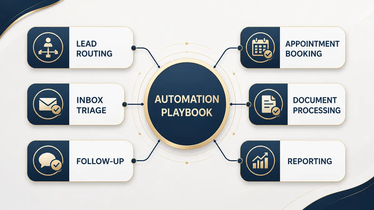 Automation playbook connecting lead routing, appointment booking, inbox triage, document processing, follow-up, and reporting