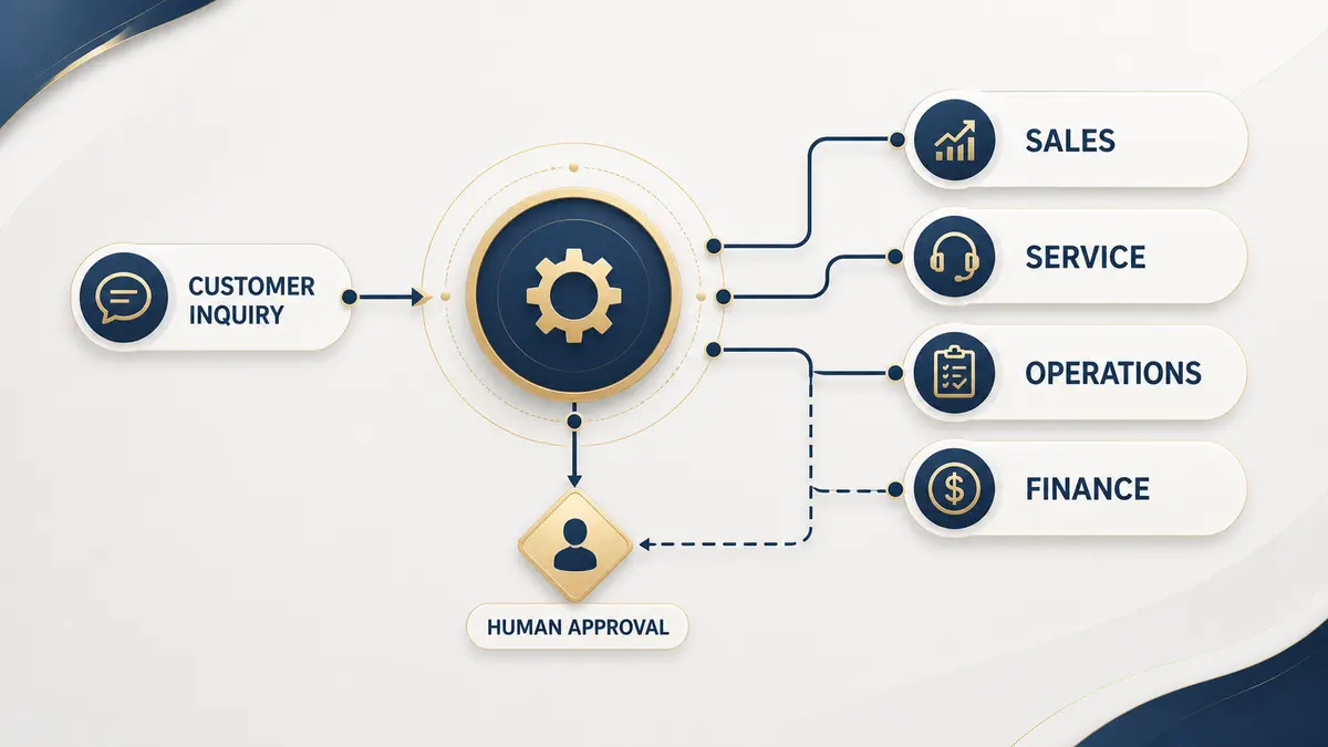 Small-business automation hub routing customer inquiries into sales, service, operations, finance, and human approval