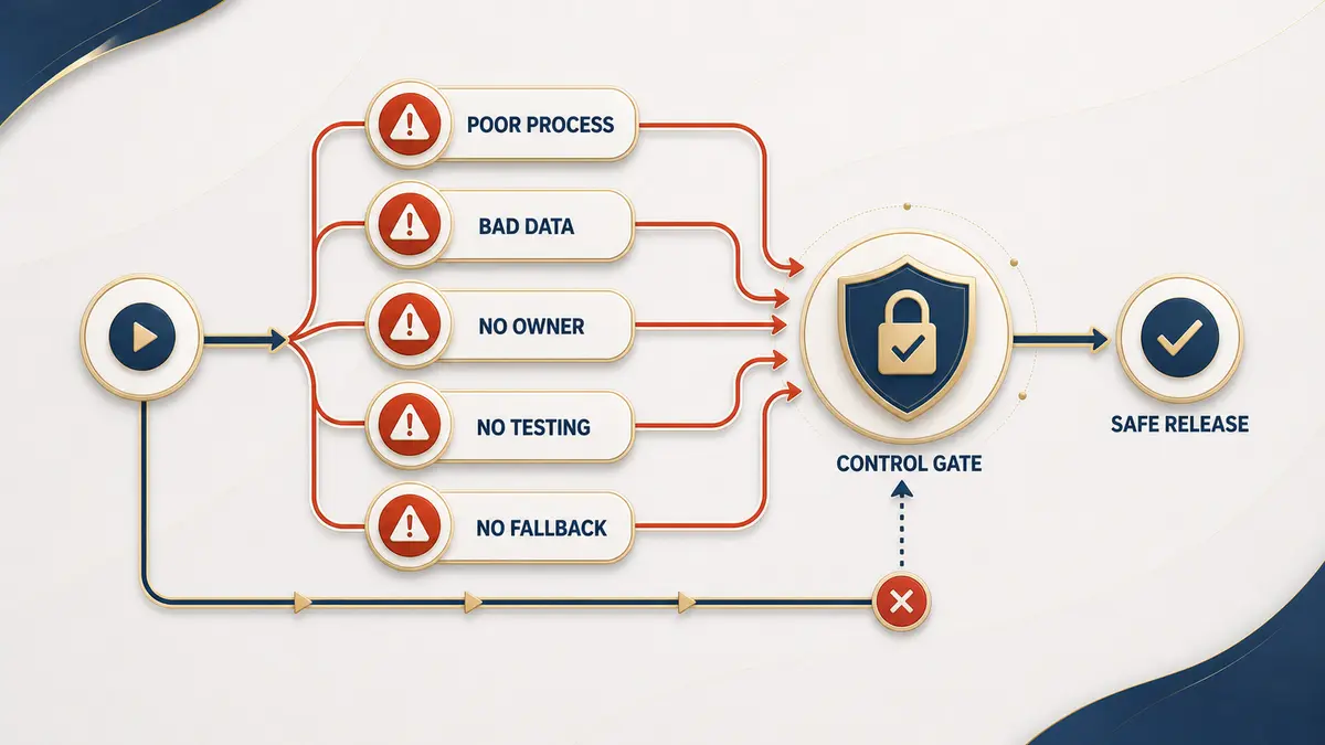 Automation risk map showing poor process, bad data, missing ownership, missing testing, and missing fallback before a controlled release
