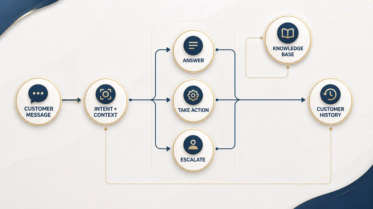 AI chatbot system routing a customer message through intent and context into an answer, action, or human escalation