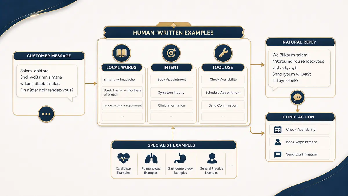 Human-written dialect examples teaching a customer support chatbot local words, intent, tool use, and natural replies for a dental clinic