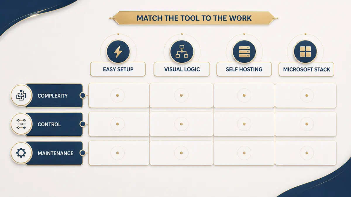 Tool selection matrix comparing easy setup, visual logic, self-hosting, and Microsoft ecosystem fit by complexity, control, and maintenance
