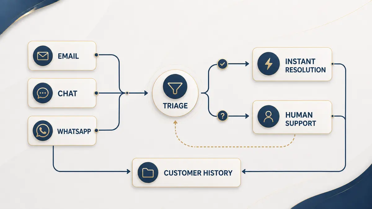 Customer service architecture routing email, chat, and WhatsApp through triage to instant resolution or human support with shared history
