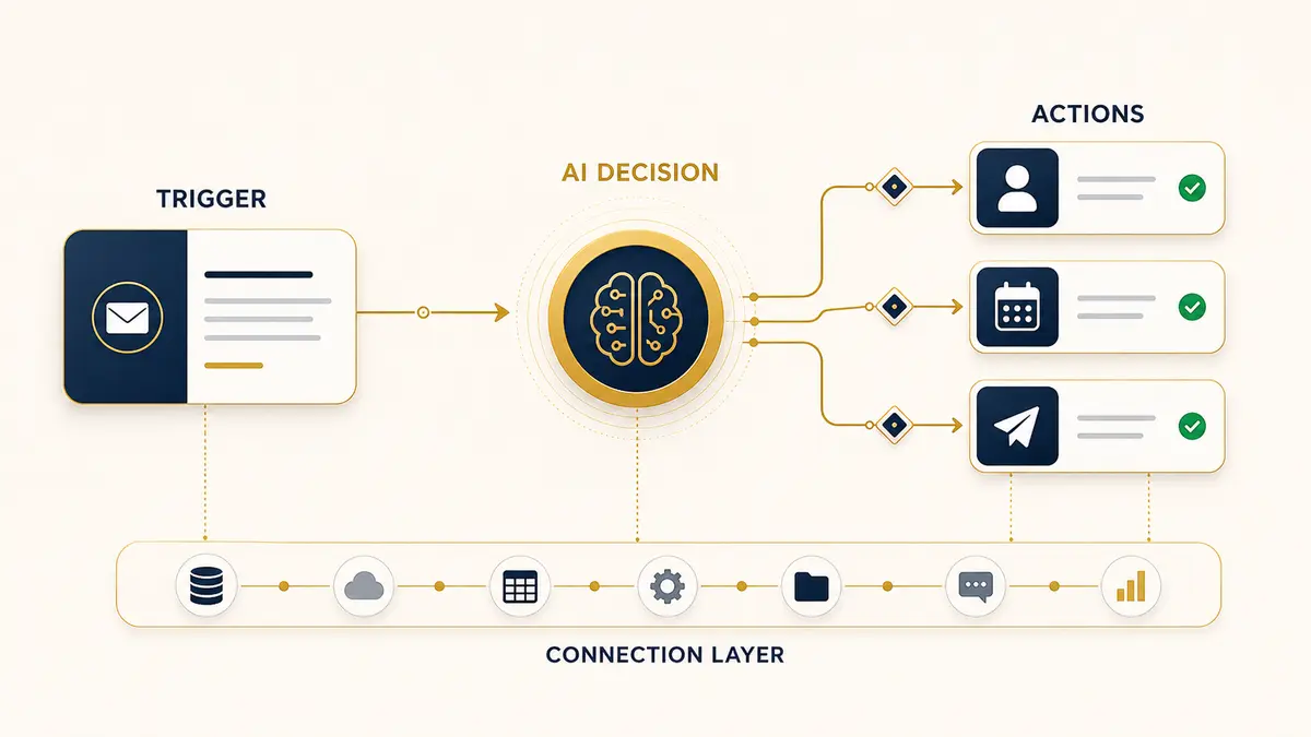 Diagram showing an event trigger passing through an AI decision layer into automated business actions and connected systems