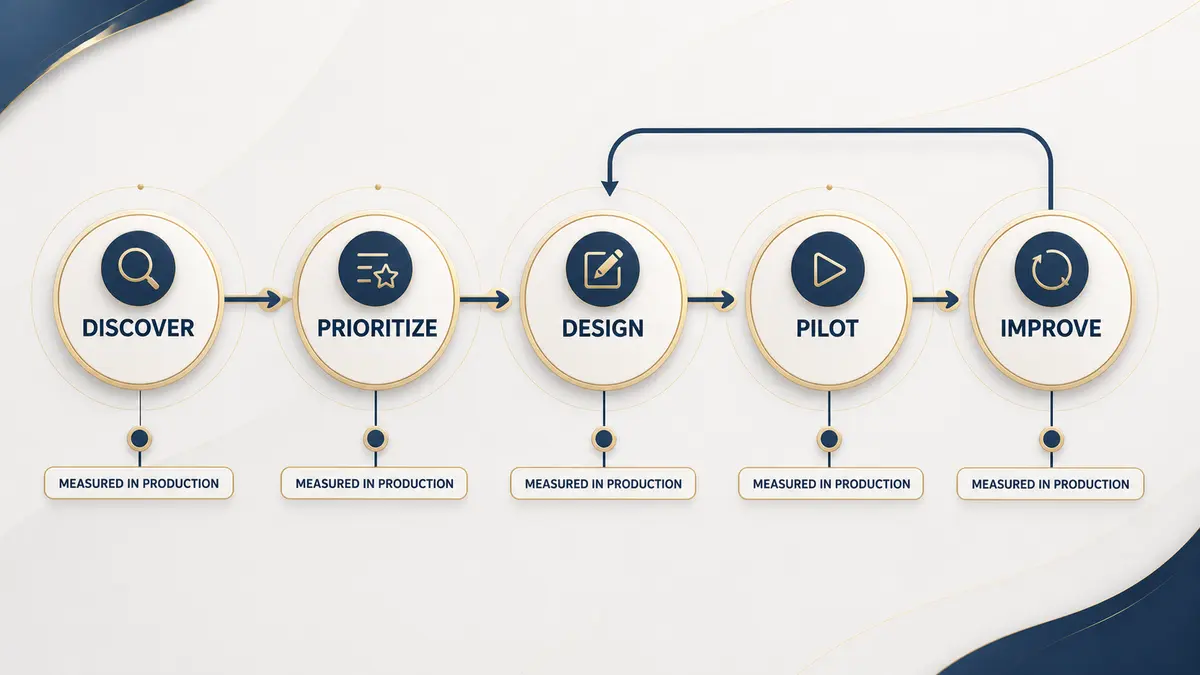 Five-stage AI automation implementation roadmap from discovery and prioritization through design, pilot, measurement, and improvement