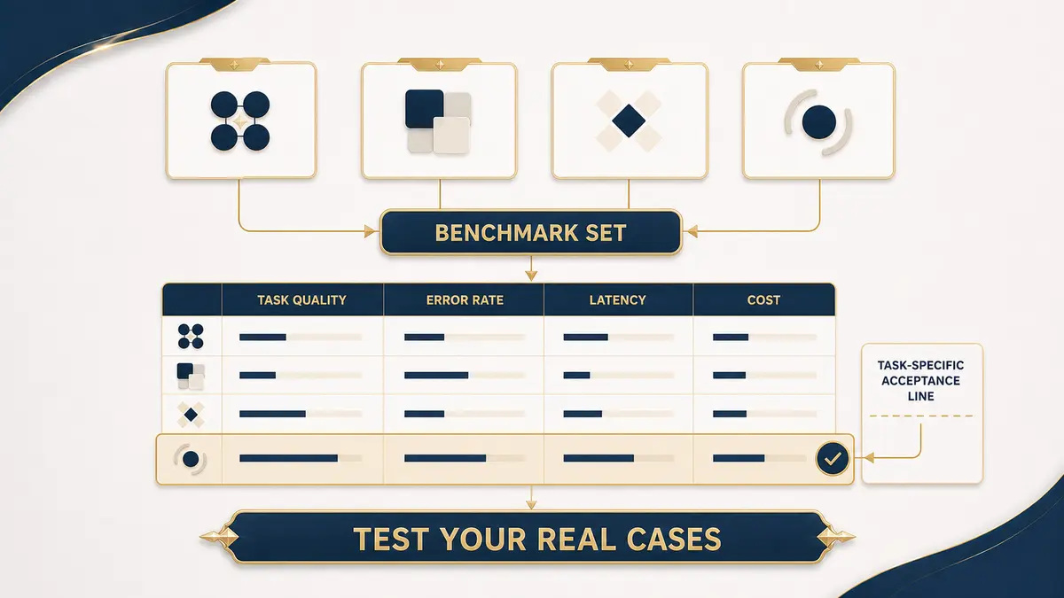 Several AI model candidates compared on a shared benchmark set across task quality, error rate, latency, and cost