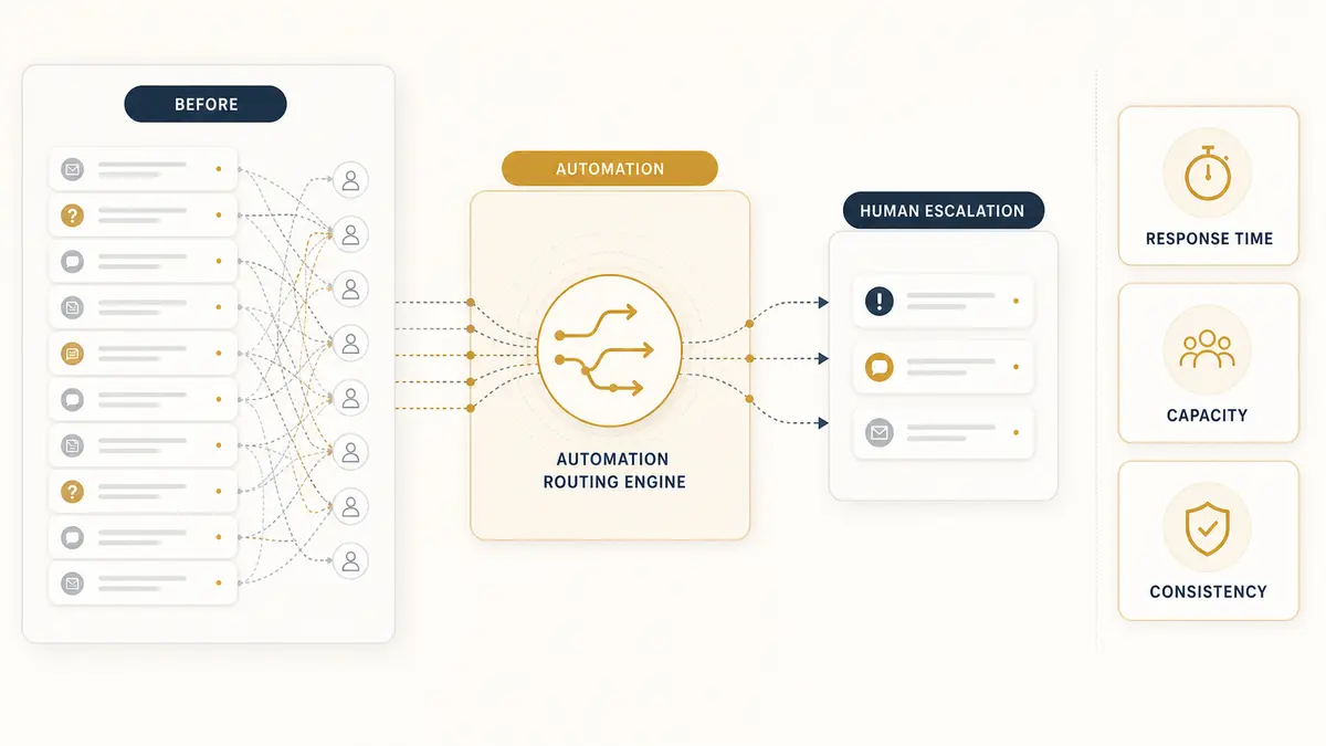 Customer support requests moving from a tangled manual queue through automation routing into human escalation and operational outcomes