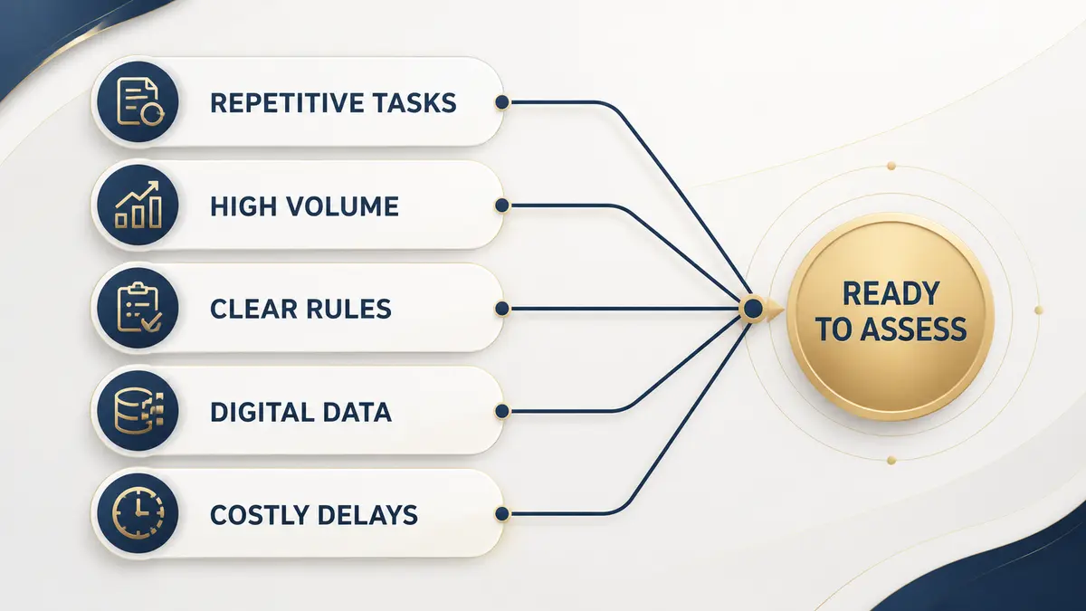 Five readiness signals connecting repetitive tasks, high volume, clear rules, digital data, and costly delays to an automation assessment