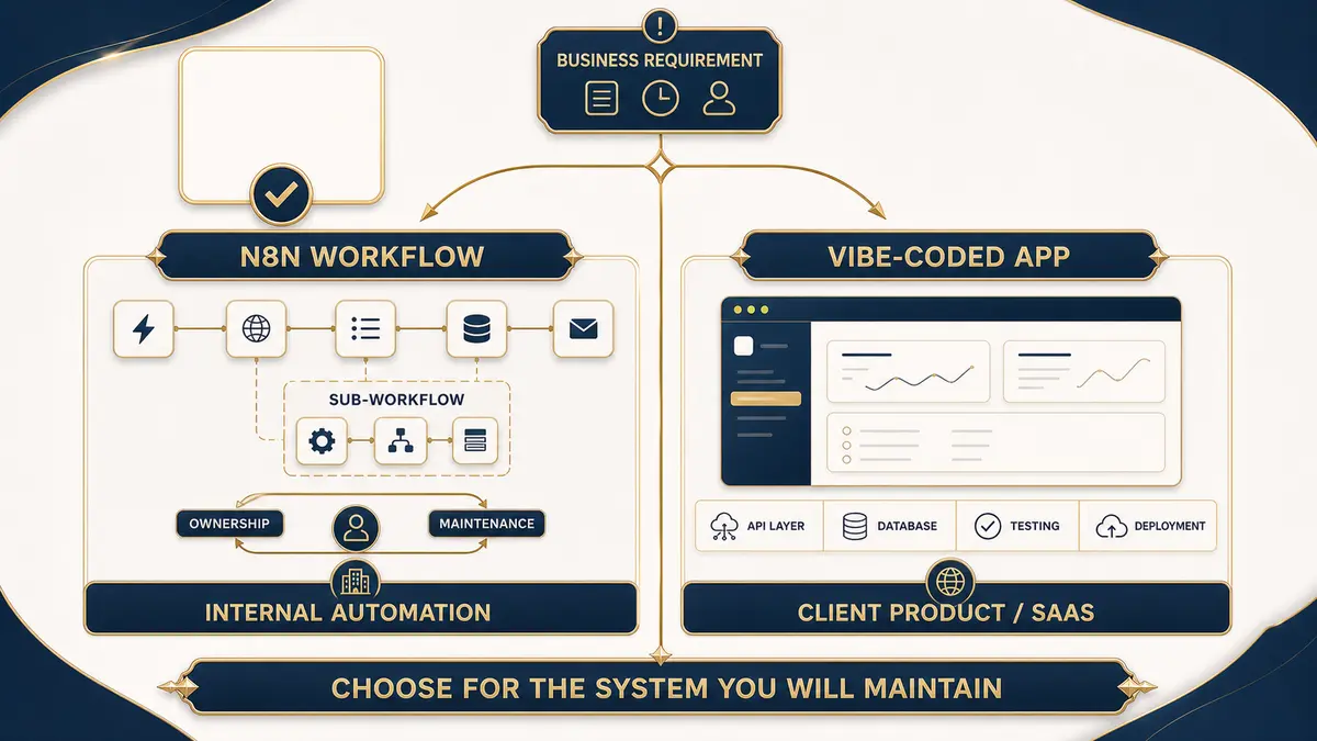 Decision comparison between a visual n8n workflow for internal automation and a vibe-coded application for a client product or SaaS