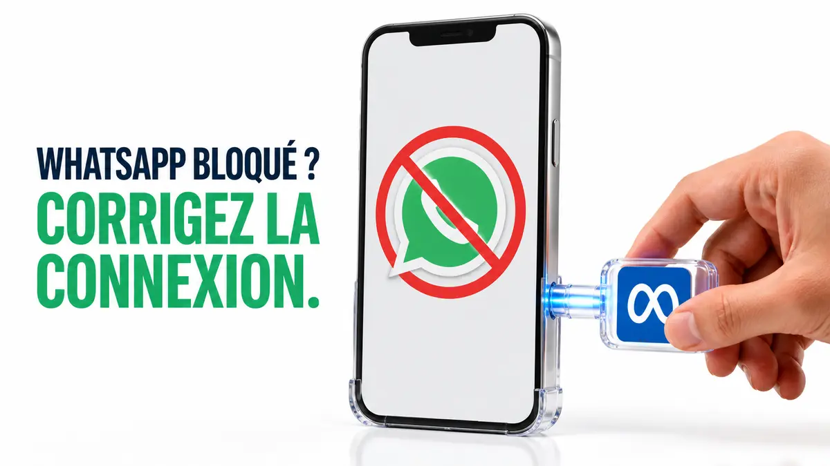 Un téléphone affiche un compte WhatsApp temporairement bloqué tandis qu’une connexion API Meta officielle indique la voie corrective
