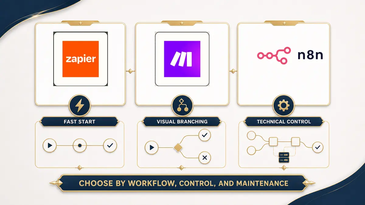 Comparison of Zapier for a fast start, Make for visual branching, and n8n for technical control using verified product marks