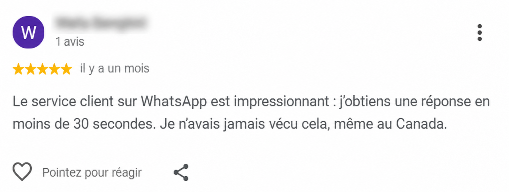 Avis Google cinq étoiles : réponse WhatsApp en moins de 30 secondes. L’identité de l’auteur est masquée.