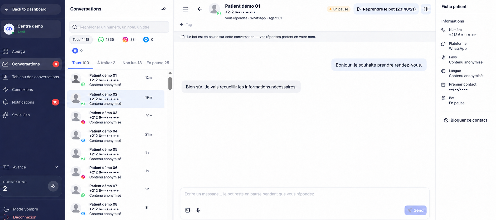 Boîte de réception de démonstration : conversation en pause, réponses envoyées au nom de l’équipe, données fictives